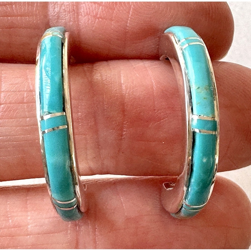 Slender‎ Navajo Turquoise Hoop Earrings 1in Signed Native Amer 925 Sterling